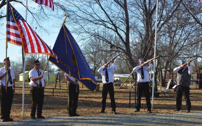 The Clifton S.A.L. firing square offers a 21-gun salute with the Color Guard, which was followed by the playing of Taps during the Veterans Day ceremony at Berner Memorial Park in Clifton.