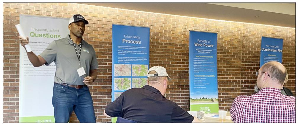 High Banks Wind Project Director Billy Wilkins gave a review of the history of the wind farm effort in Washington and Republic Counties to a group of landowners at a dinner meeting on Monday in Washington along with an update on the project.