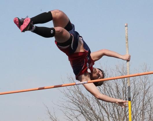 Clifton-Clyde’s Payton Fahey easily clears the bar in the pole vault on his way to a first place finish in the event at last week’s meet in Wakefield.